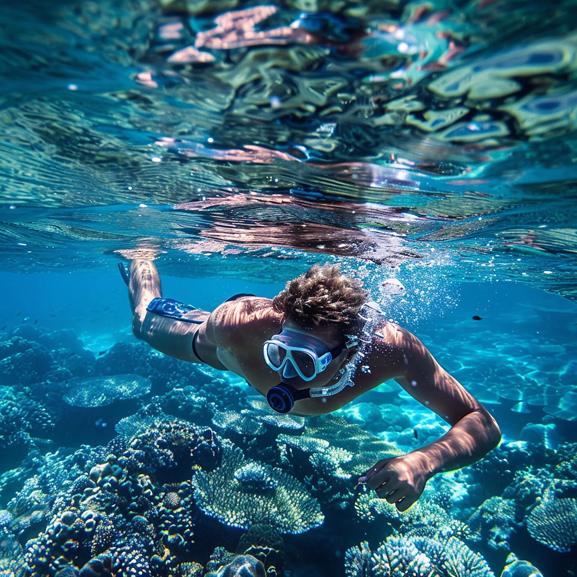 man snorkling in clear water
